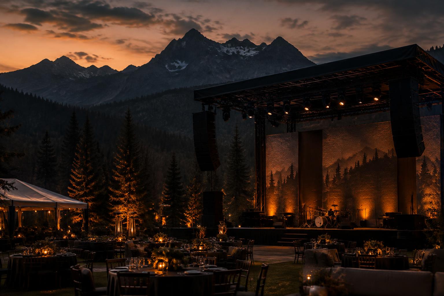 Outdoor event stage at dusk in the Montana mountains